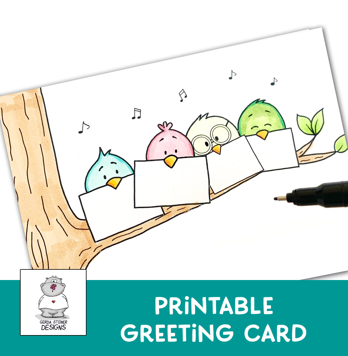 Happy Birthday Birds - Print & Color Greeting Card -  Instant Download - GSD861