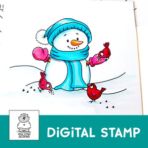 Snowman and Birds Digital Stamp